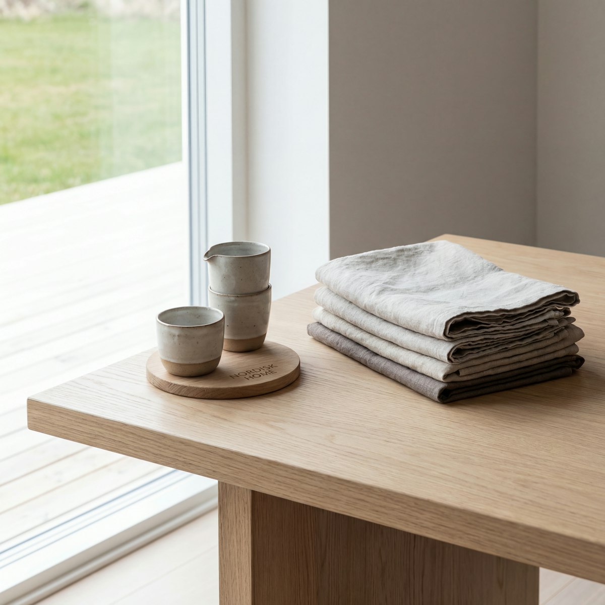Tazas de cerámica y servilletas de lino dobladas sobre una mesa de madera junto a la ventana