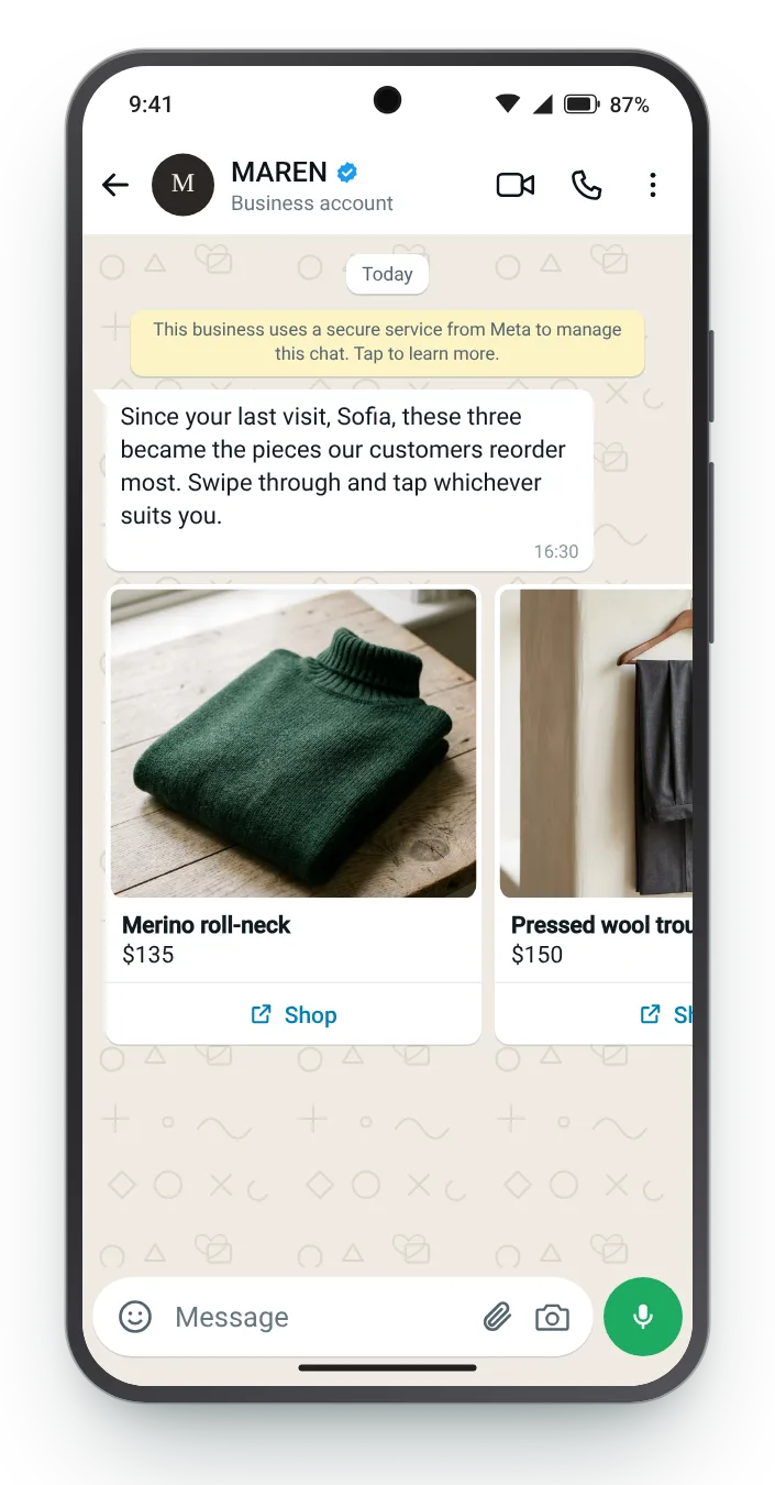 Three most-reordered pieces, swipeable: WhatsApp win-back message on an Android phone
