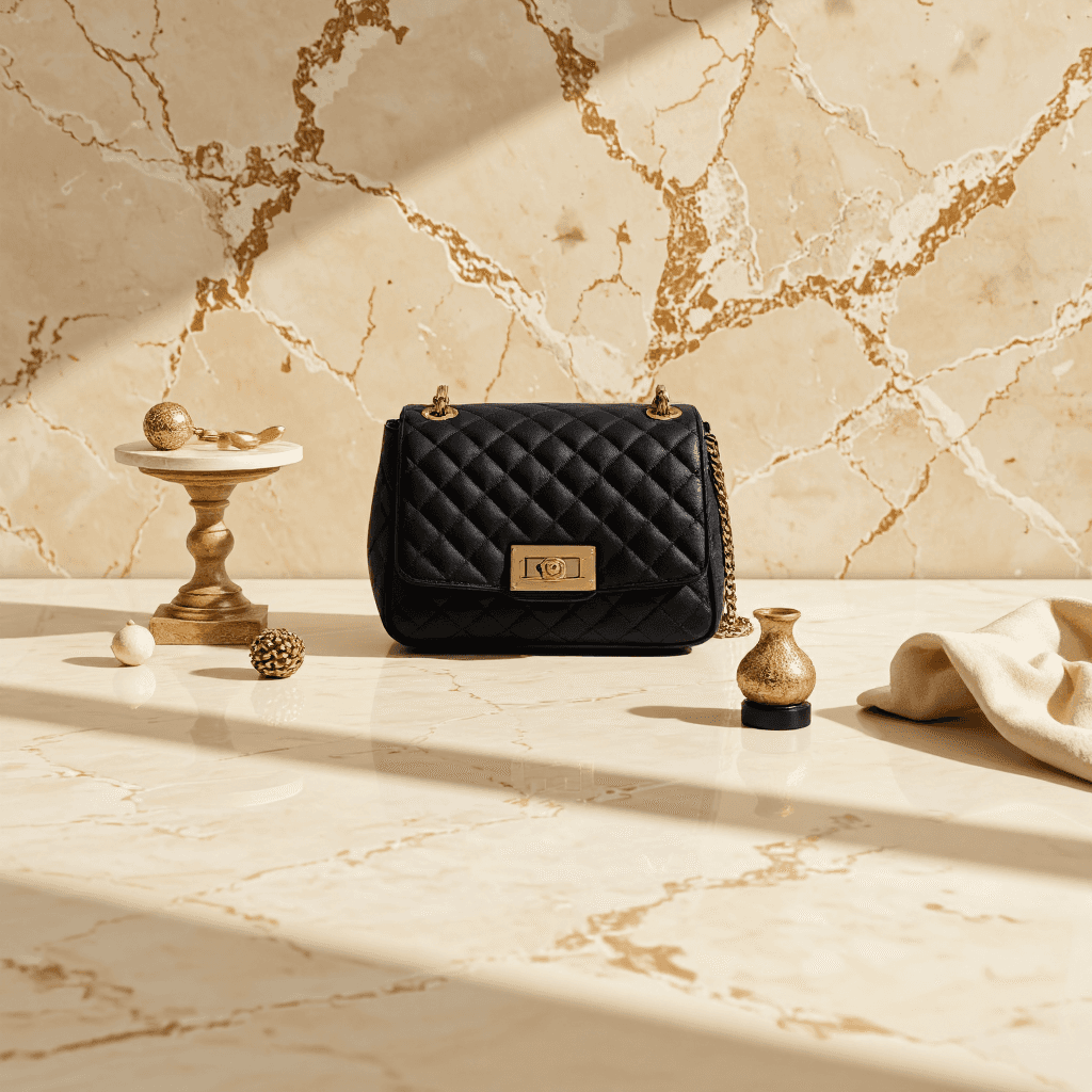 product photography of small, quilted handbag