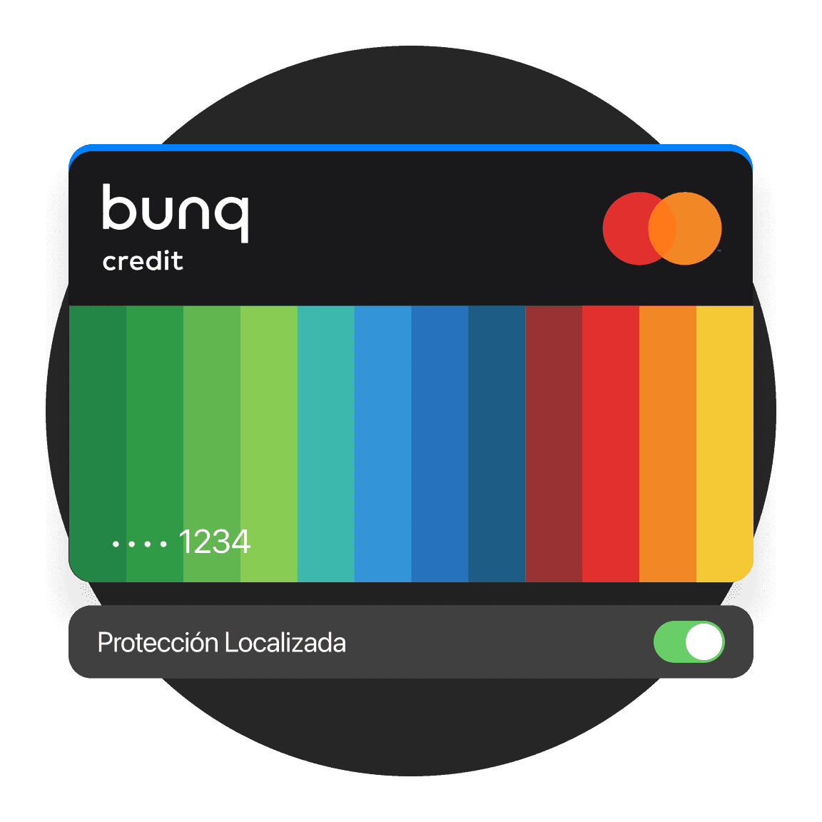 tarjeta de crédito bunq con interruptor para congelar y un botón rojo para Bloquear Tarjeta.