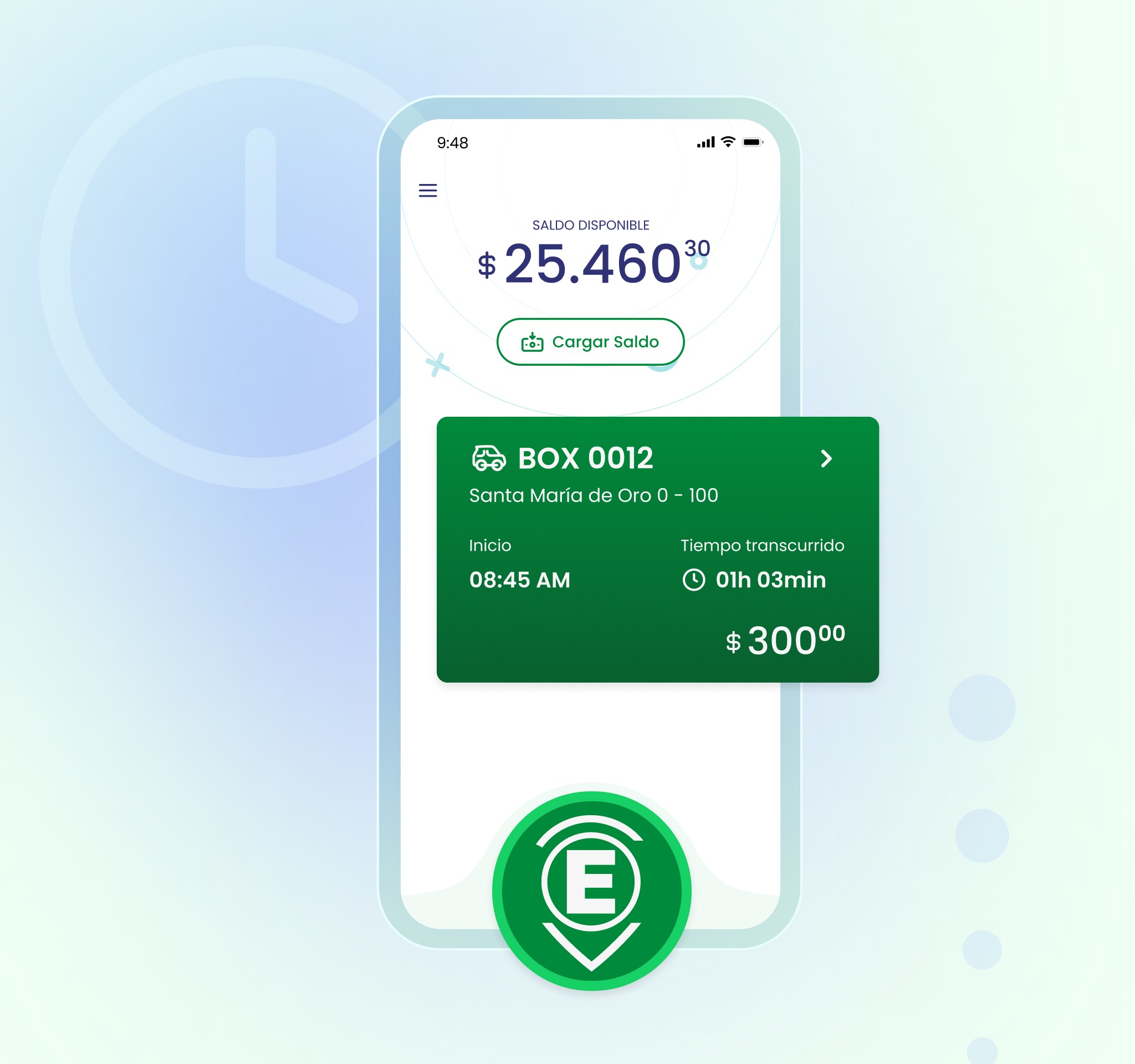 pantalla principal de la aplicación con un estacionamiento en curso