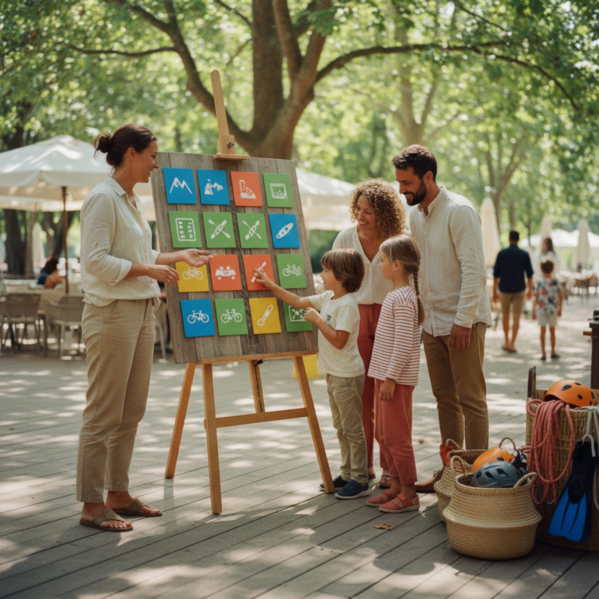 An einer Holztafel mit bunten Aktivitätskärtchen bespricht ein Teammitglied Optionen mit einer Familie. Sonnenflecken tanzen auf dem Boden, irgendwo klappert Geschirr von der Terrasse. Die Kinder zeigen auf Piktogramme für Klettern und Paddeln. Hinter der Gruppe stapeln sich sauber geordnete Helme und Schwimmflossen in Körben.