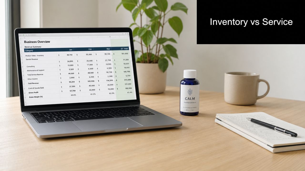 A laptop displaying a business profit and loss spreadsheet on a desk with a bottle of oil.