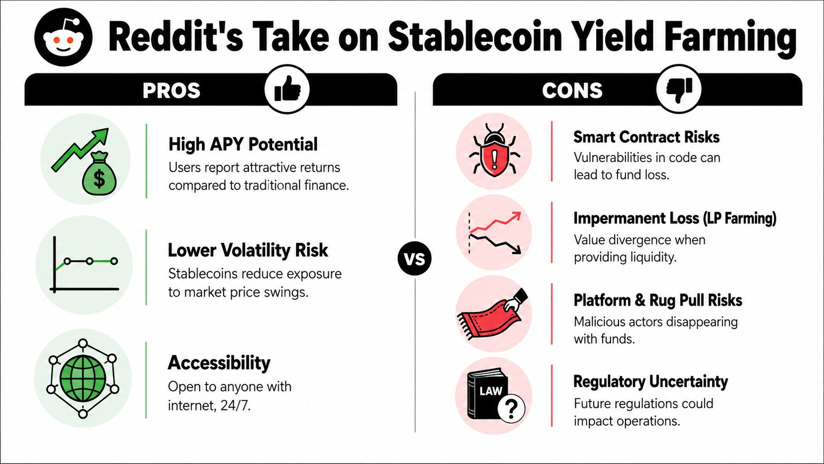An infographic comparing the pros and cons of stablecoin yield farming, featuring key financial risks and benefits.