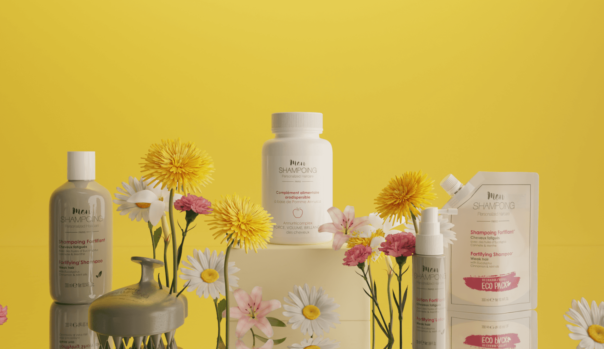 Mon Shampoing Packshot and Flowers Digital Twins