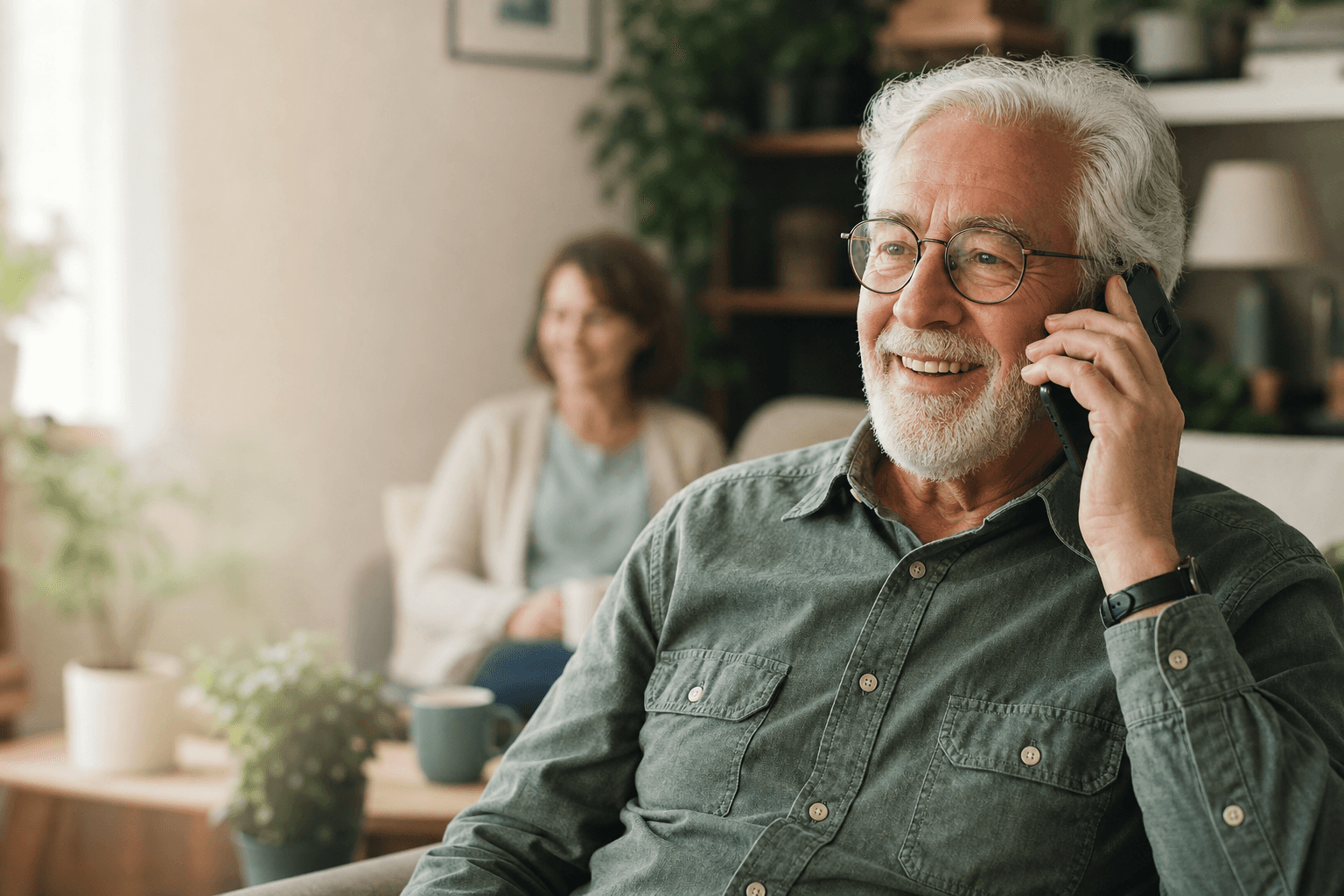Senior man talking on phone at home
