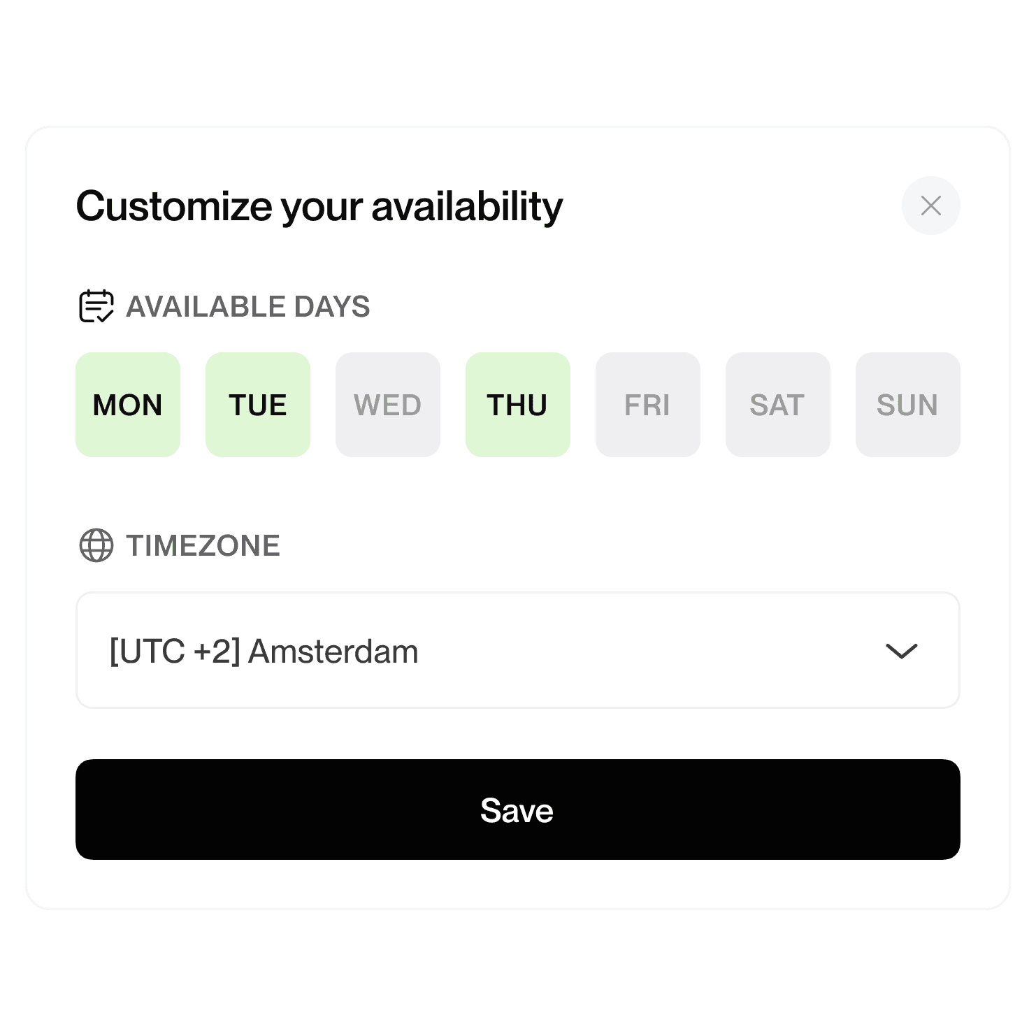 Availability settings interface with Monday, Tuesday, and Thursday selected, timezone set to UTC +2 Amsterdam, and a save button.
