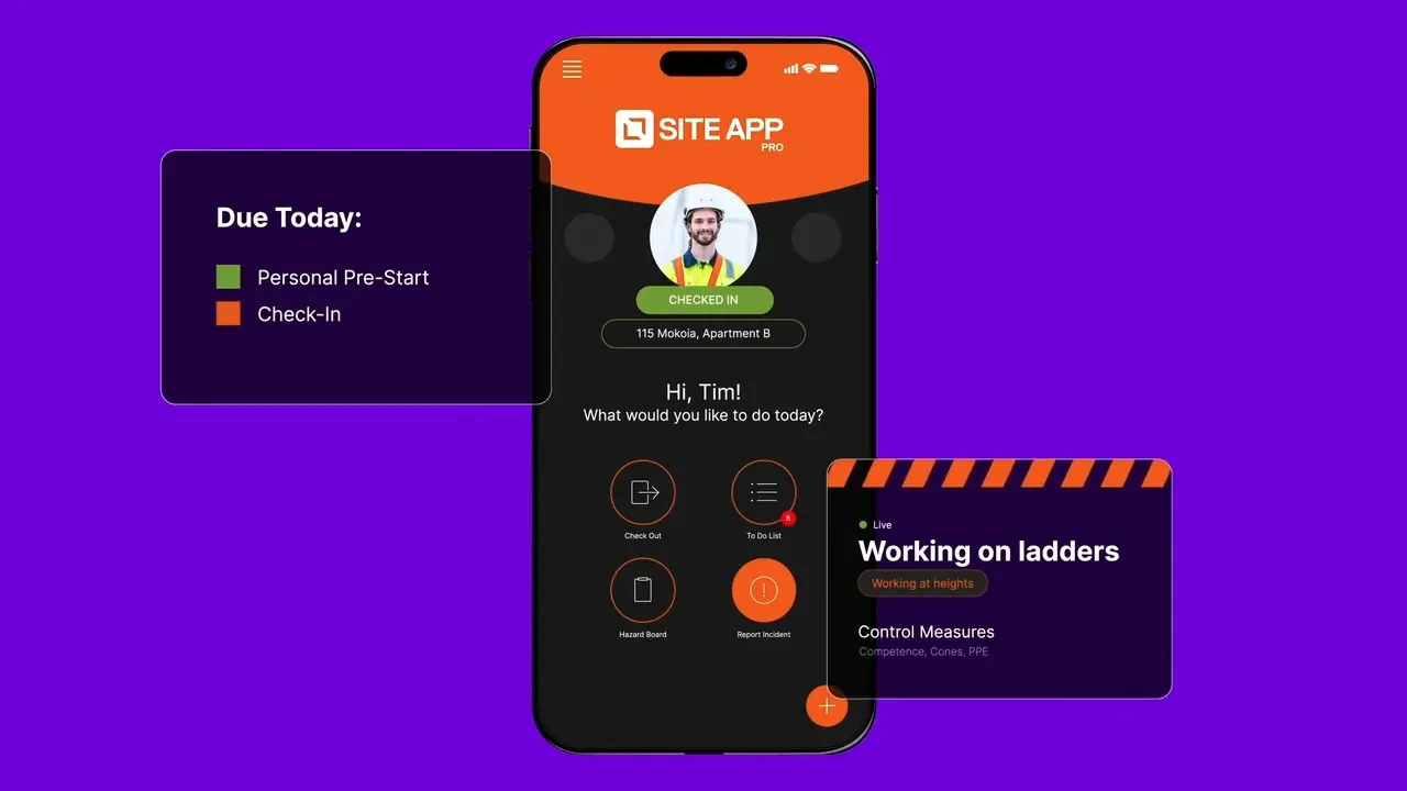 The Site App Pro phone app showing a worker’s tasks for the day, next to a working on ladders hazard card