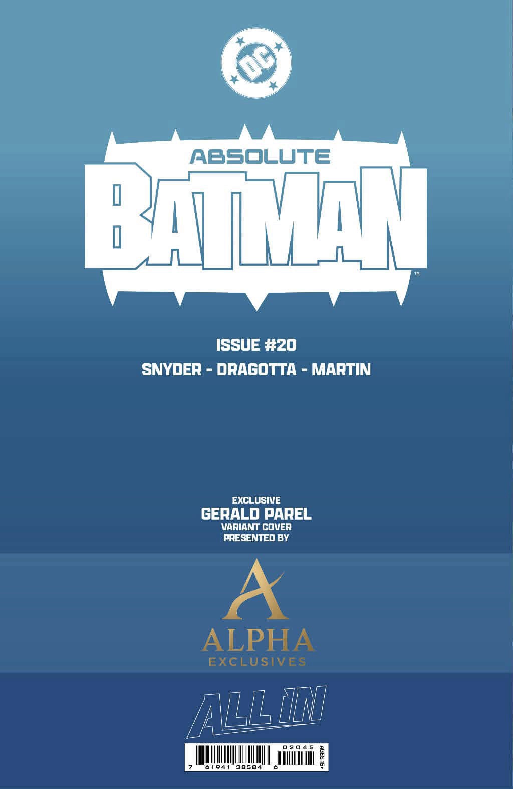 Full cover view of Absolute Batman #20 GERALD PAREL Exclusive Trade Dress Variant showcasing the complete cover artwork by GERALD PAREL