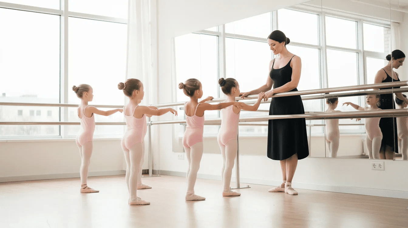 The image depicts a bright dance studio where young students are practicing at a ballet barre, under the watchful eye of a teacher. This vibrant classroom environment fosters a positive culture for learning and growth in dance, highlighting the importance of effective classroom management and student engagement.