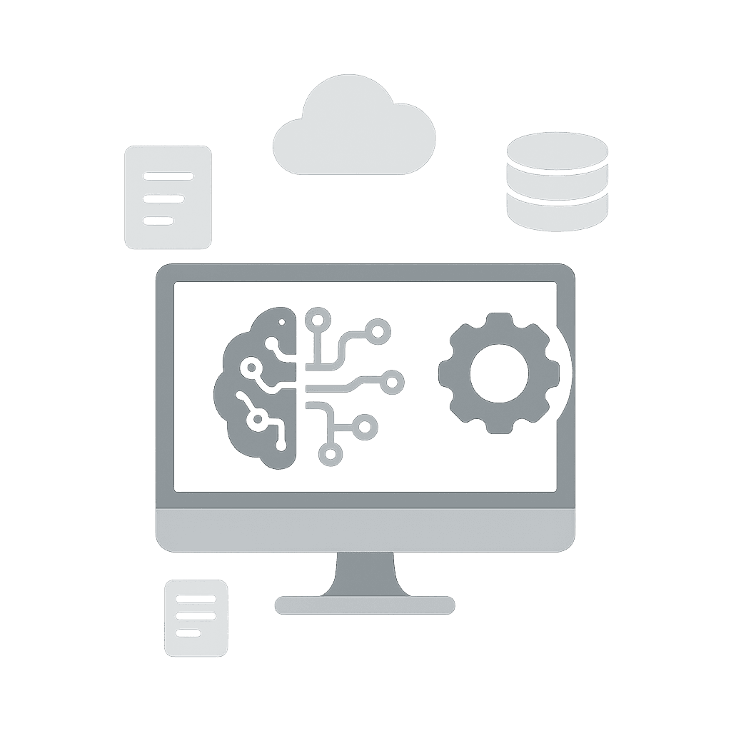 Flussdiagramm mit Sprechblase, Pfeilen, Balkenstufen, Zahnrädern und einem Tortendiagramm – symbolisiert eine datengetriebene Verarbeitung mit Auswertung.