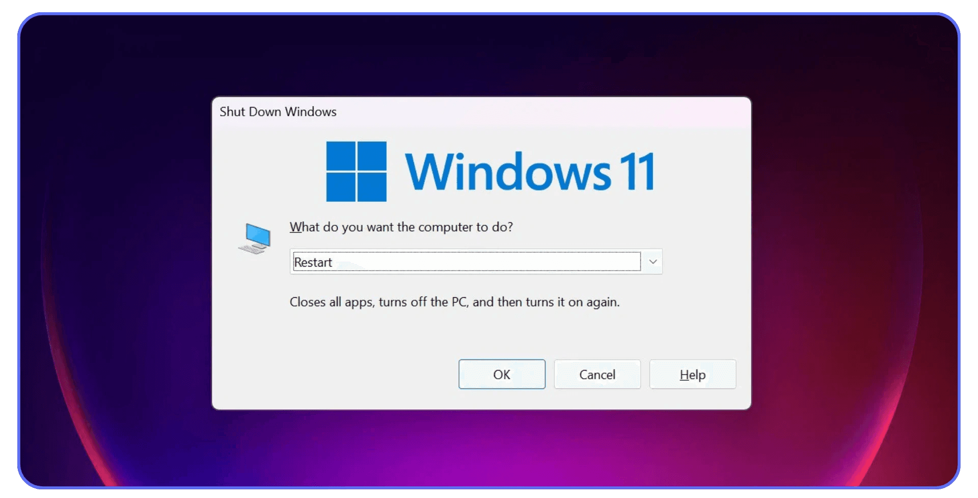 Windows 11 restart dialog box shown on screen, suggesting a quick reboot as a simple fix for temporary ZBrush performance issues.