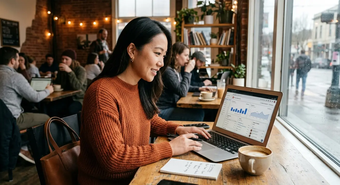 A woman in a cozy Bradenton, FL coffee shop is working on a laptop displaying analytical graphs, surrounded by other patrons engaged in conversation and enjoying their drinks.