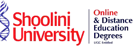 Logo of Shoolini University featuring the text "Online & Distance Education Degrees" highlighting educational programs, set against a white background.