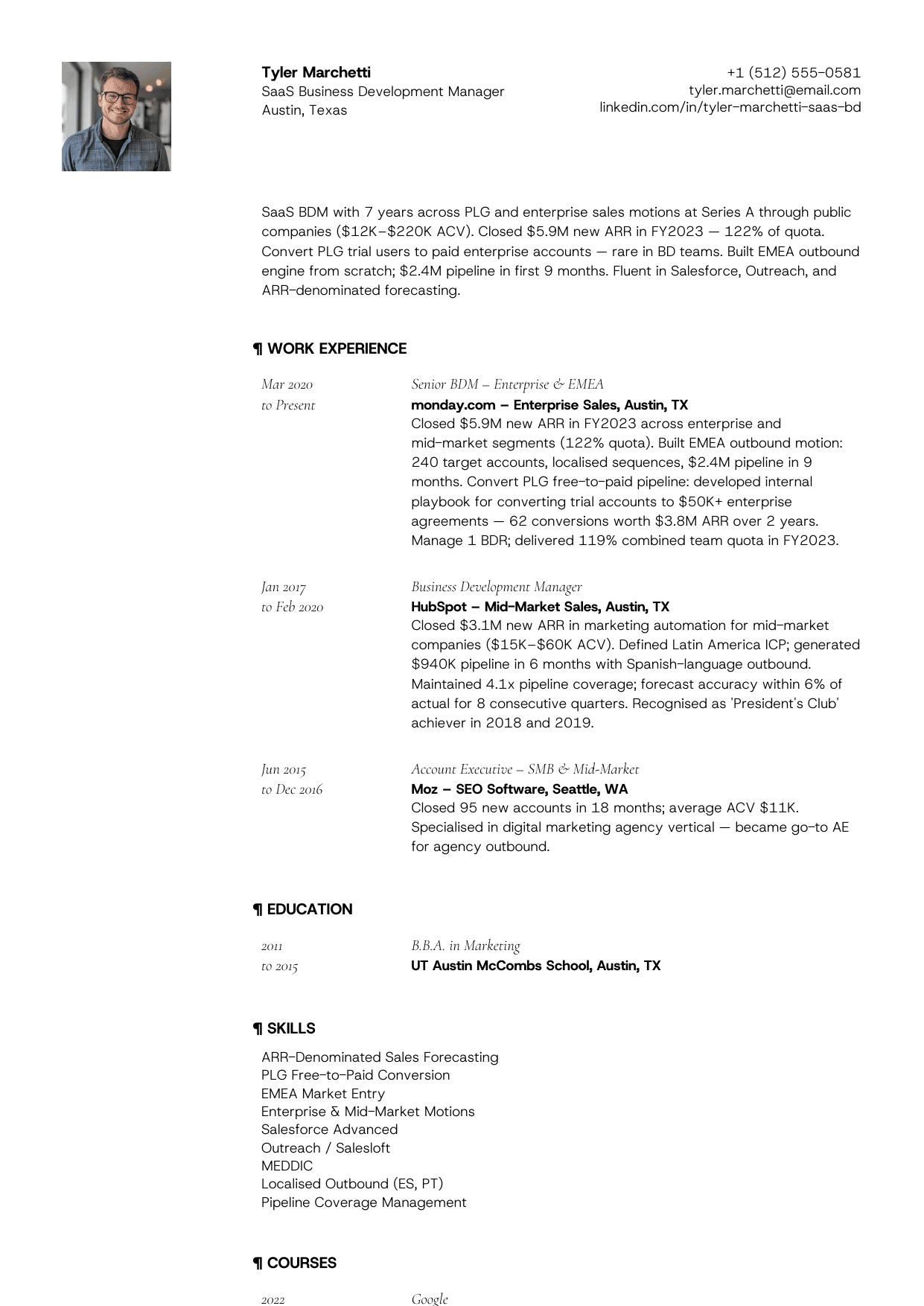 SaaS business development manager resume example