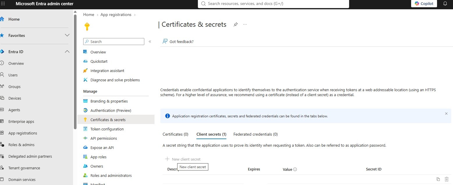 Certificates and secrets screen with a new client secret.