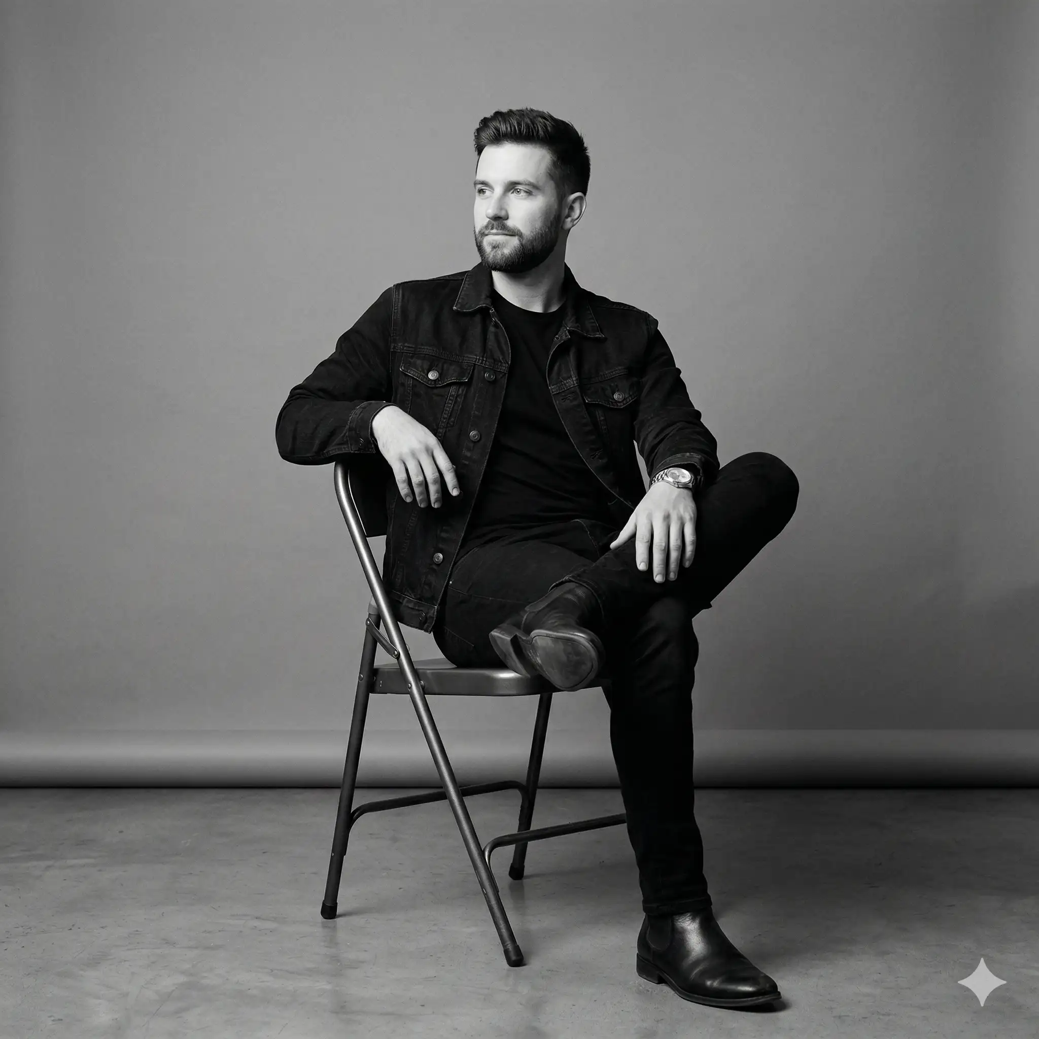 Black and white AI-generated studio portrait of a bearded man wearing a dark denim jacket and boots, sitting casually on a metal folding chair. Designed for the AI photography portfolio of Mahendra R.