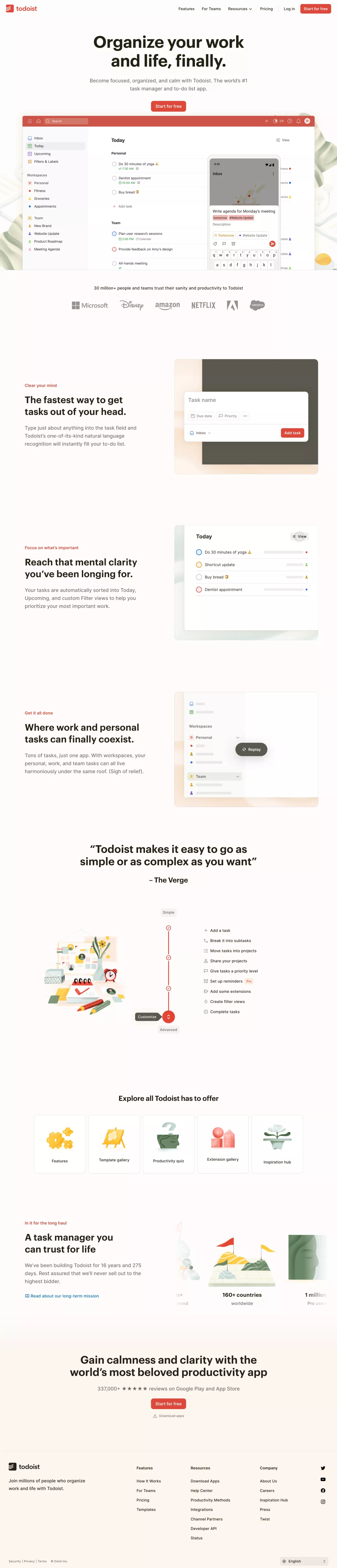Todoist landing page screenshot showcasing Tech design