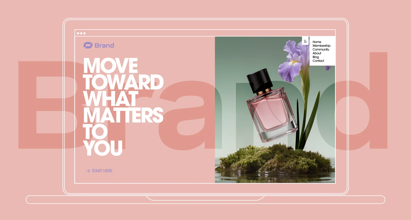 Perfume bottle and iris on moss, overlaid with text "Move Toward What Matters."