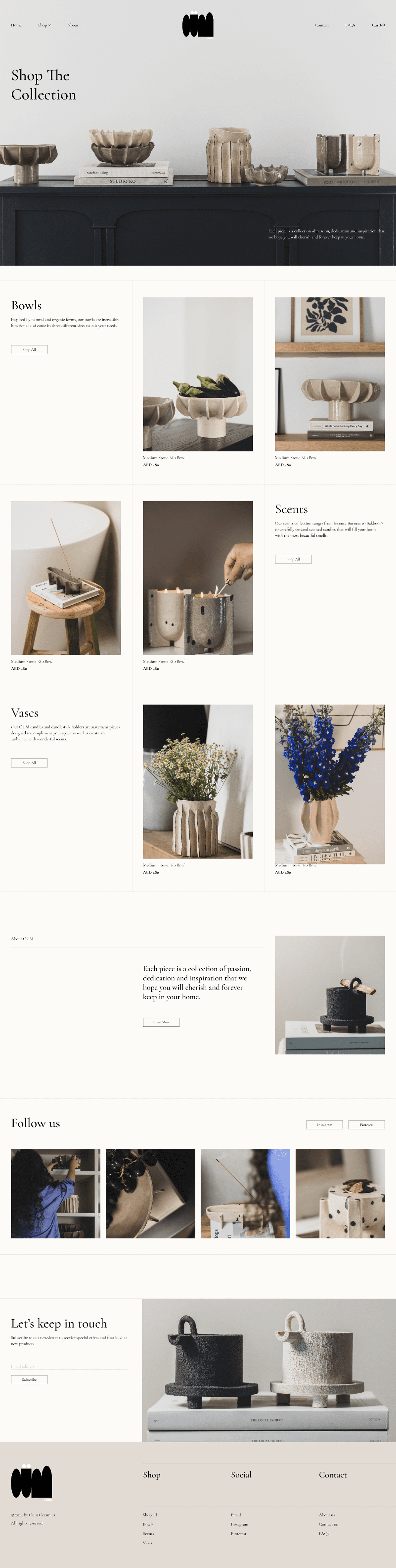 Full page long screenshot of the Oum Ceramics website