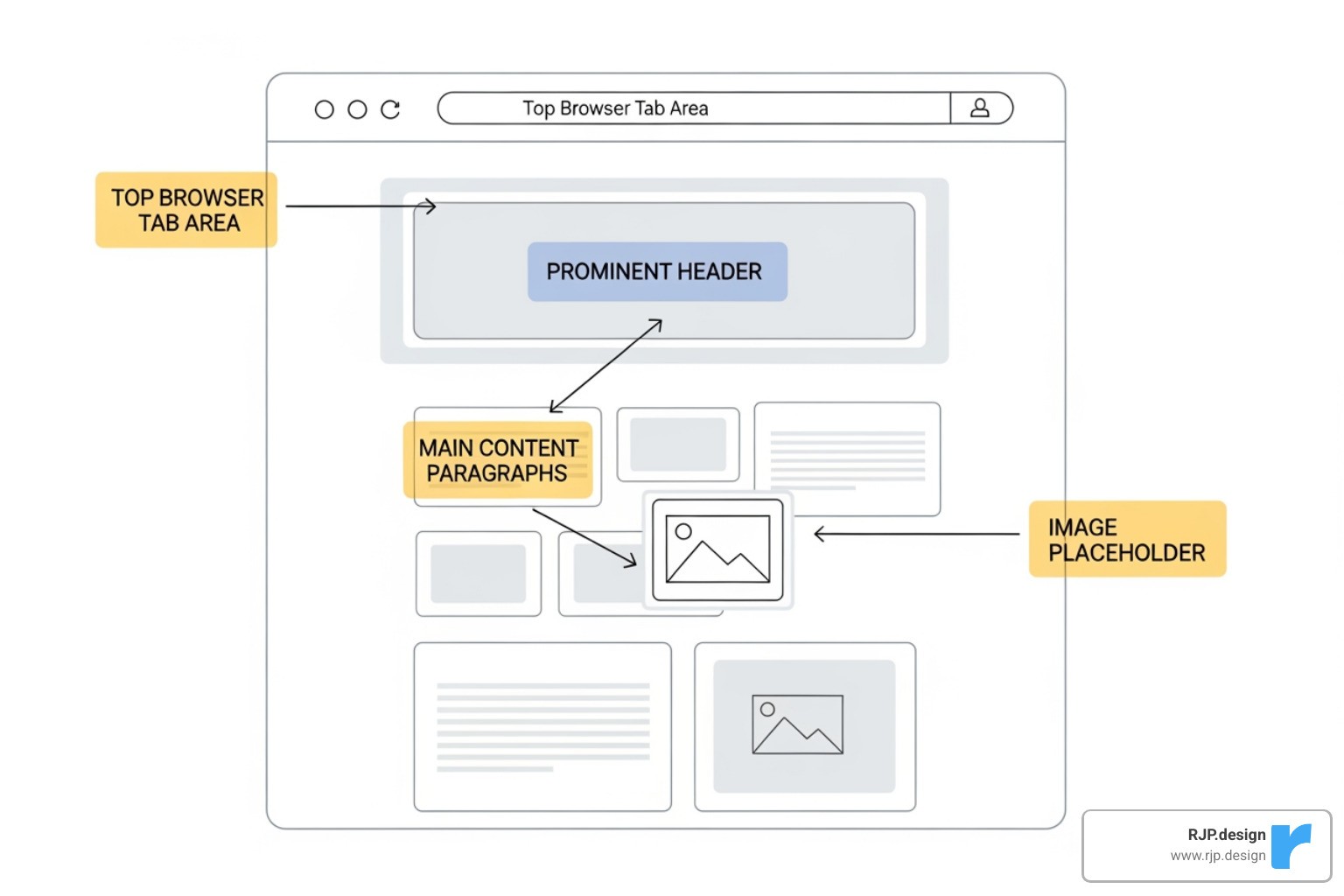 A diagram showing a webpage with arrows pointing to the title tag, meta description, H1 heading, body text, and image alt text, each labeled with "Include Local Keywords Here". - local seo for real estate agents