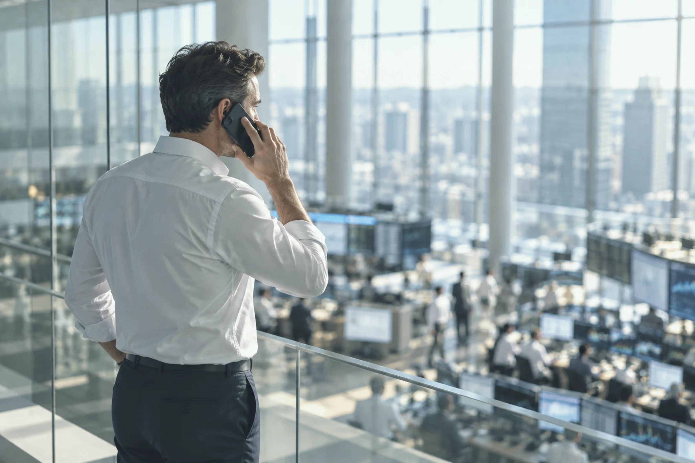 A banker on a phone call above a trading floor