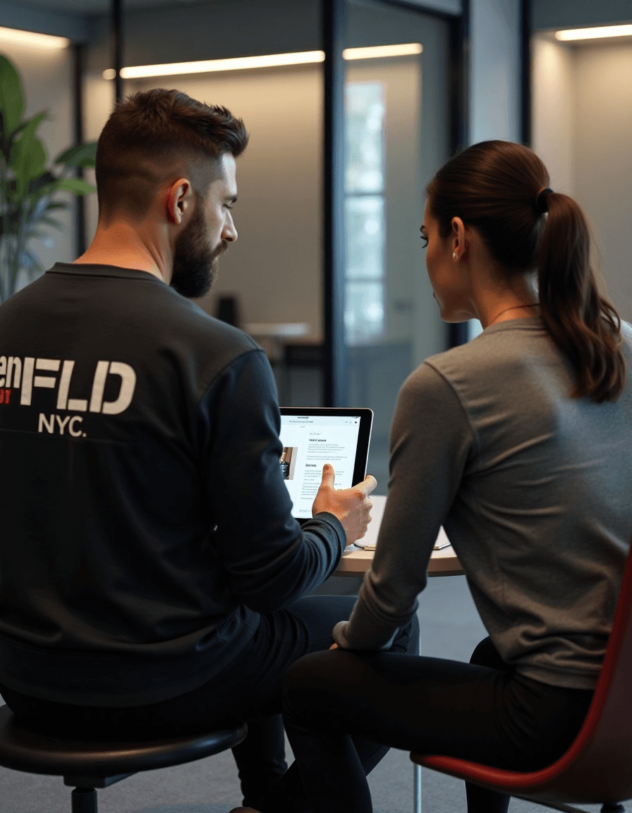 Ten fld trainer sitting with his client going over medical history and fitness goals