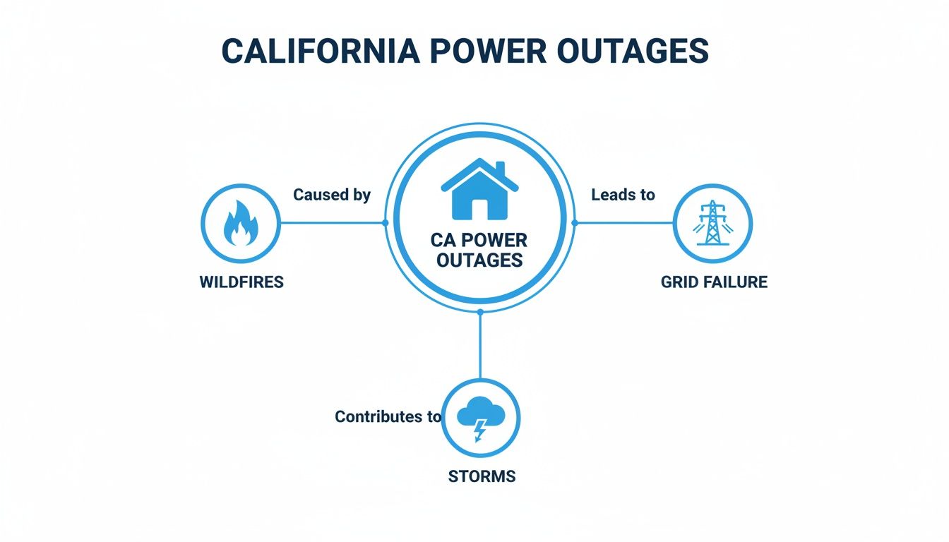 Diagram illustrating California power outages, caused by wildfires and storms, leading to grid failure.