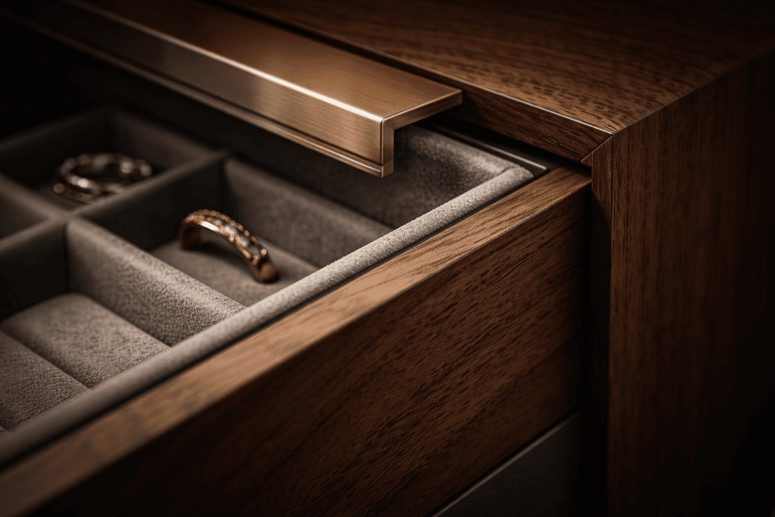 Detail view of a bespoke walnut jewlry drawer with brass accents and velvet lining, part of the Vallier custom wardrobe experience.