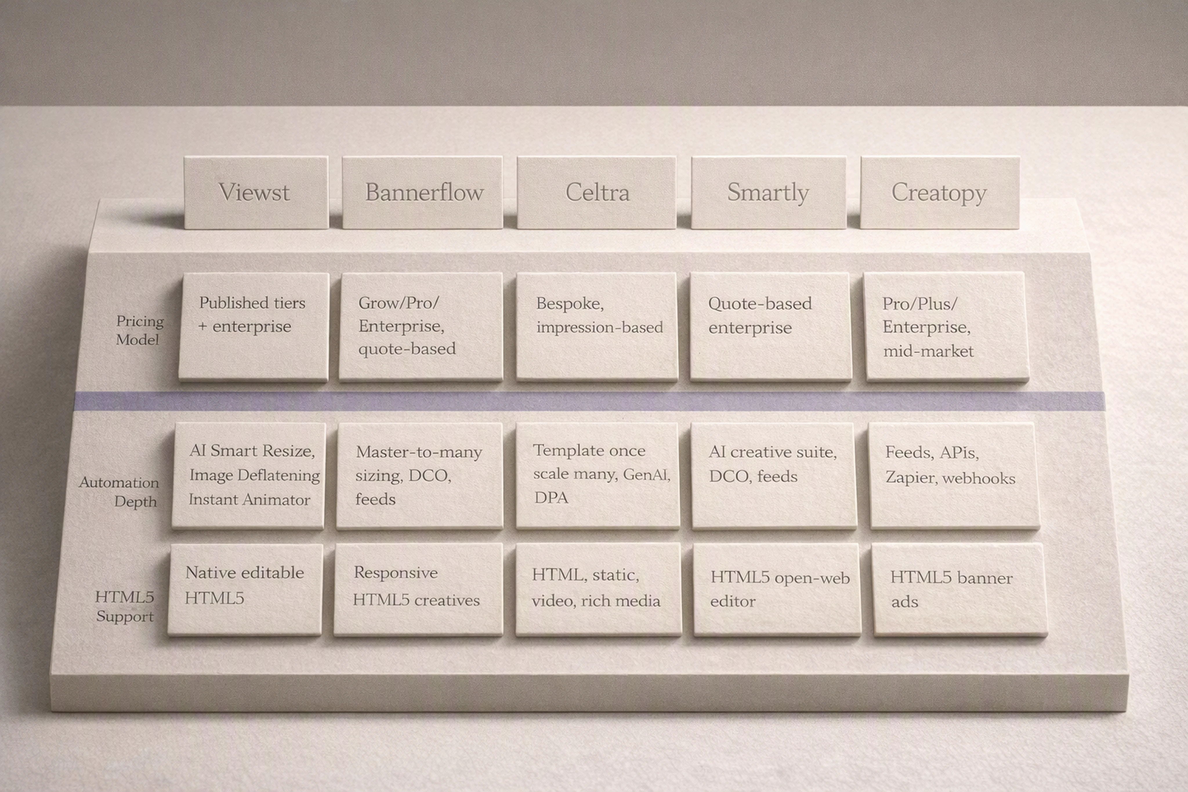 Comparison table of leading ad creator platforms on pricing, automation depth, and HTML5 support.