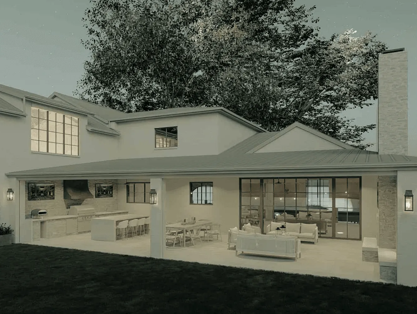 Covered patio design housing kitchen, dining, and lounge areas for a Fort Worth home.