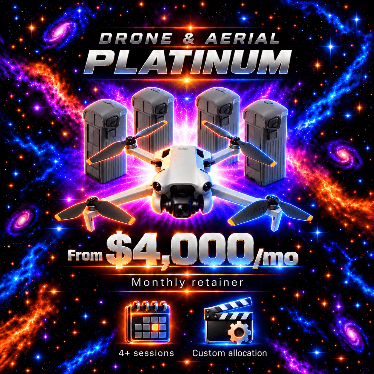 Platinum Drone & Aerial pricing artwork; illustrated equipment imagery.