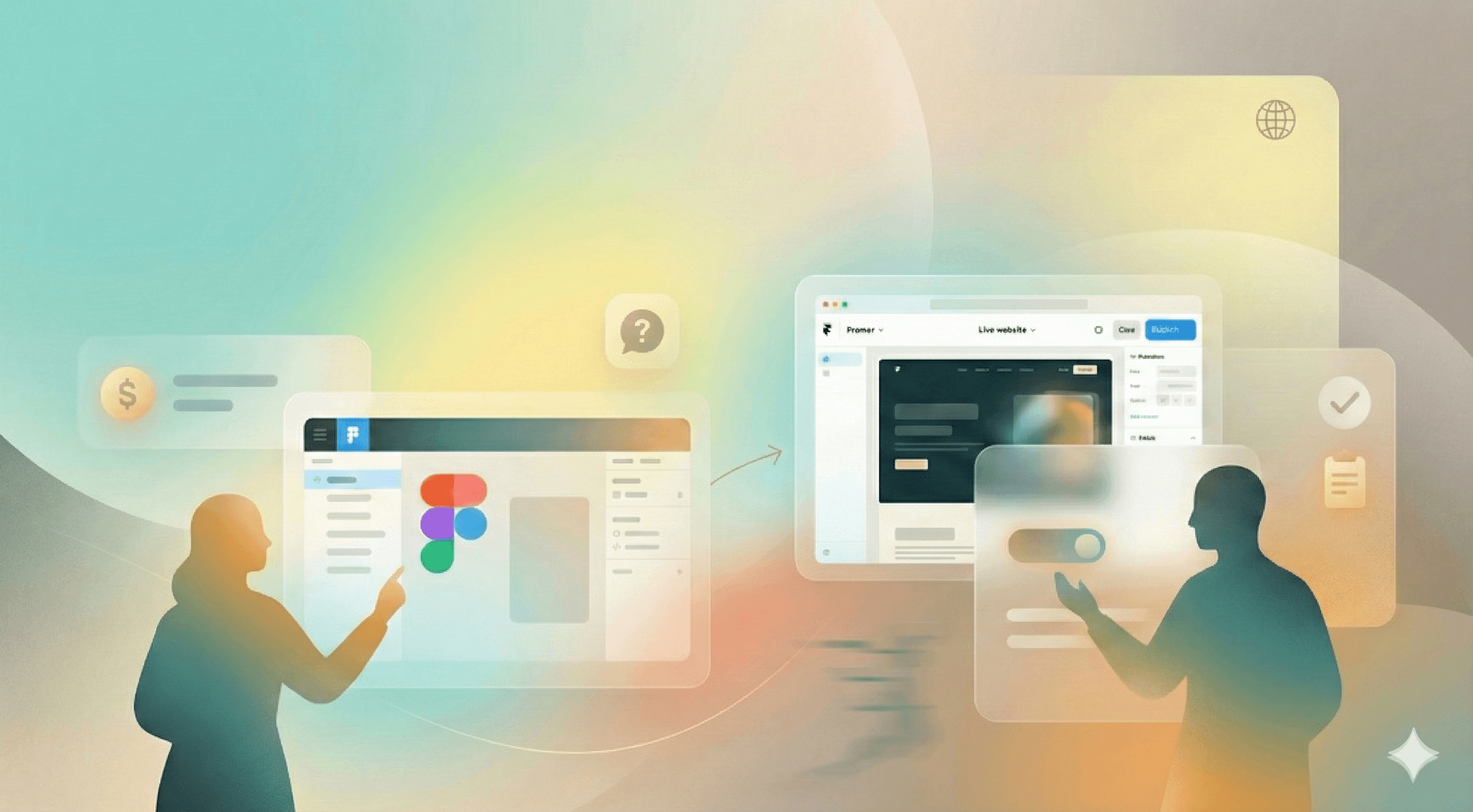 Proceso de migración de Figma a Framer con editor abierto; iconos de precio, dudas y dominio, listo para handoff