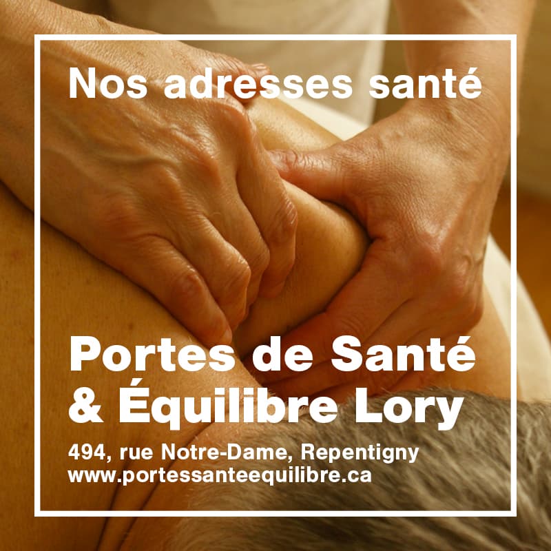 Close-up of hands performing a shoulder massage, with overlaid text: 'Nos adresses santé – Portes de Santé & Équilibre Lory, 494, rue Notre-Dame, Repentigny – www.portessanteequilibre.ca'.