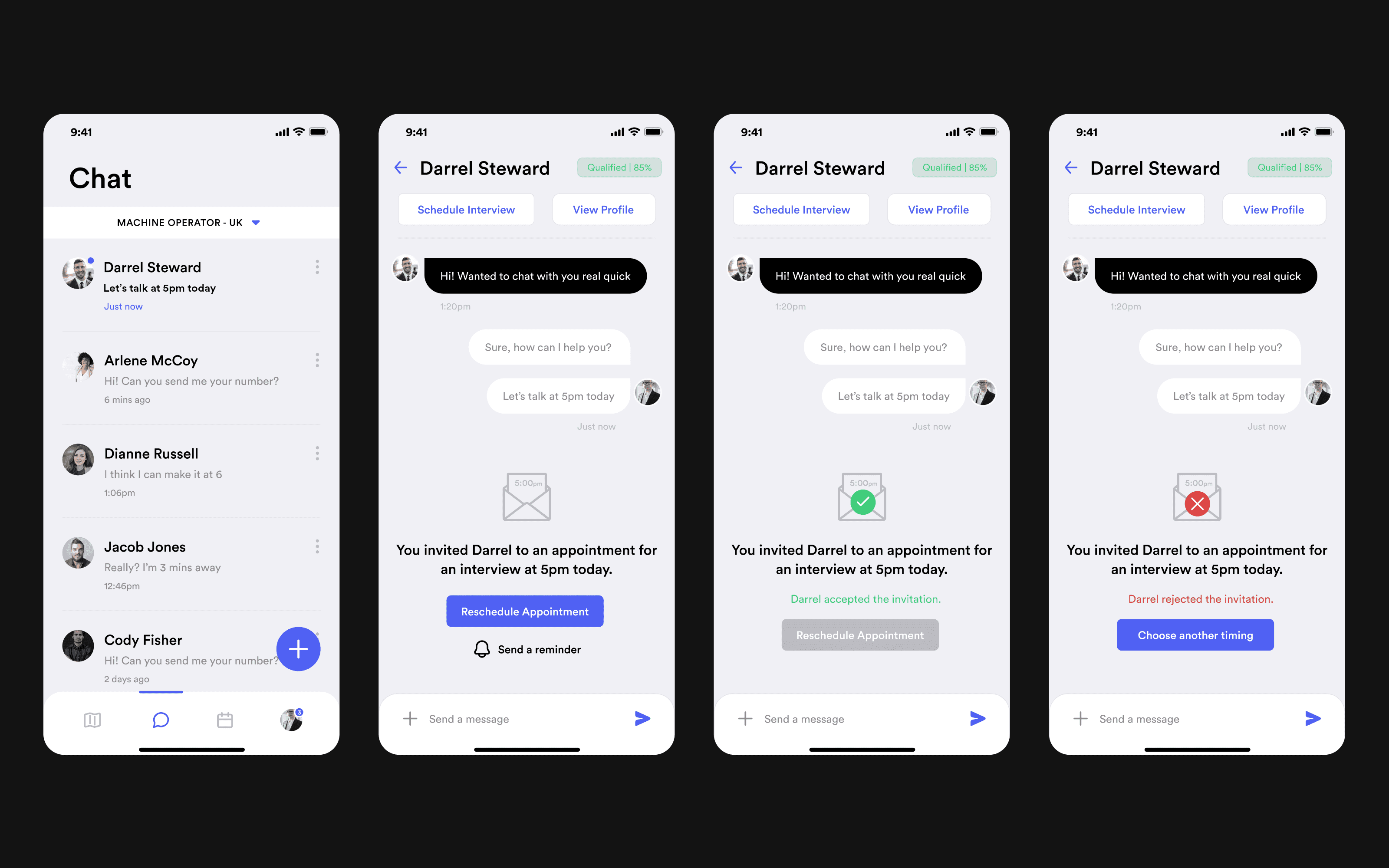 Chat list and three interview invitation states on mobile