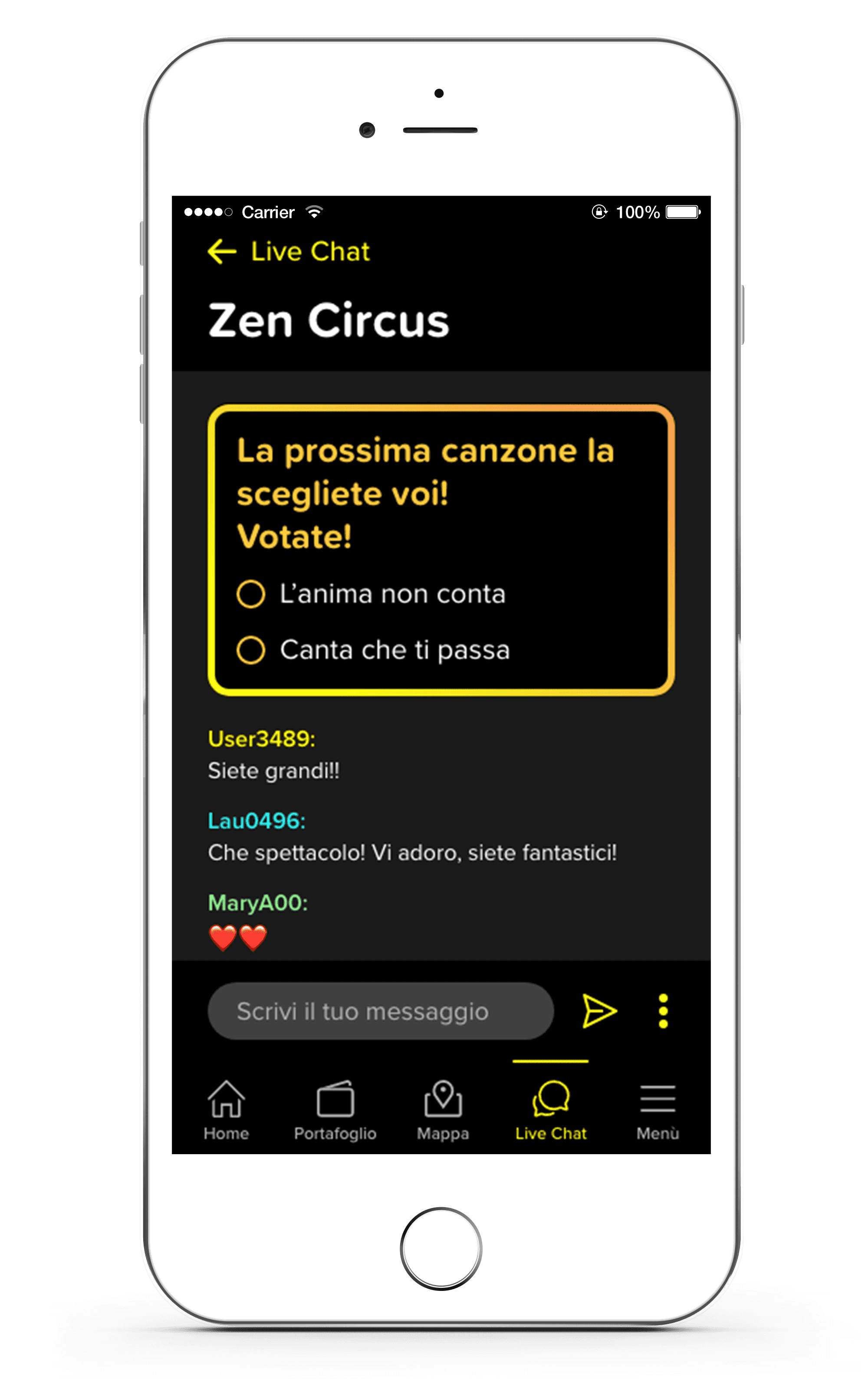 live chat dell'esibizione con sondaggi per il pubblico