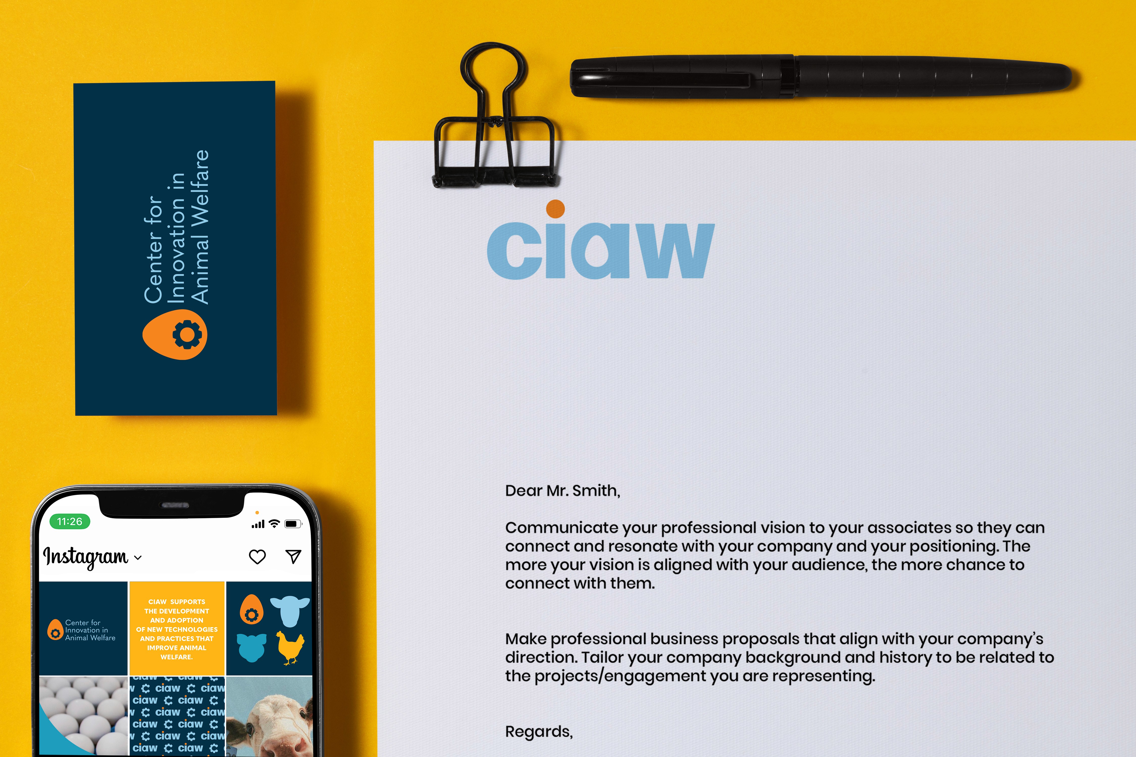 branded letterhead, business card and phone with companies intagram