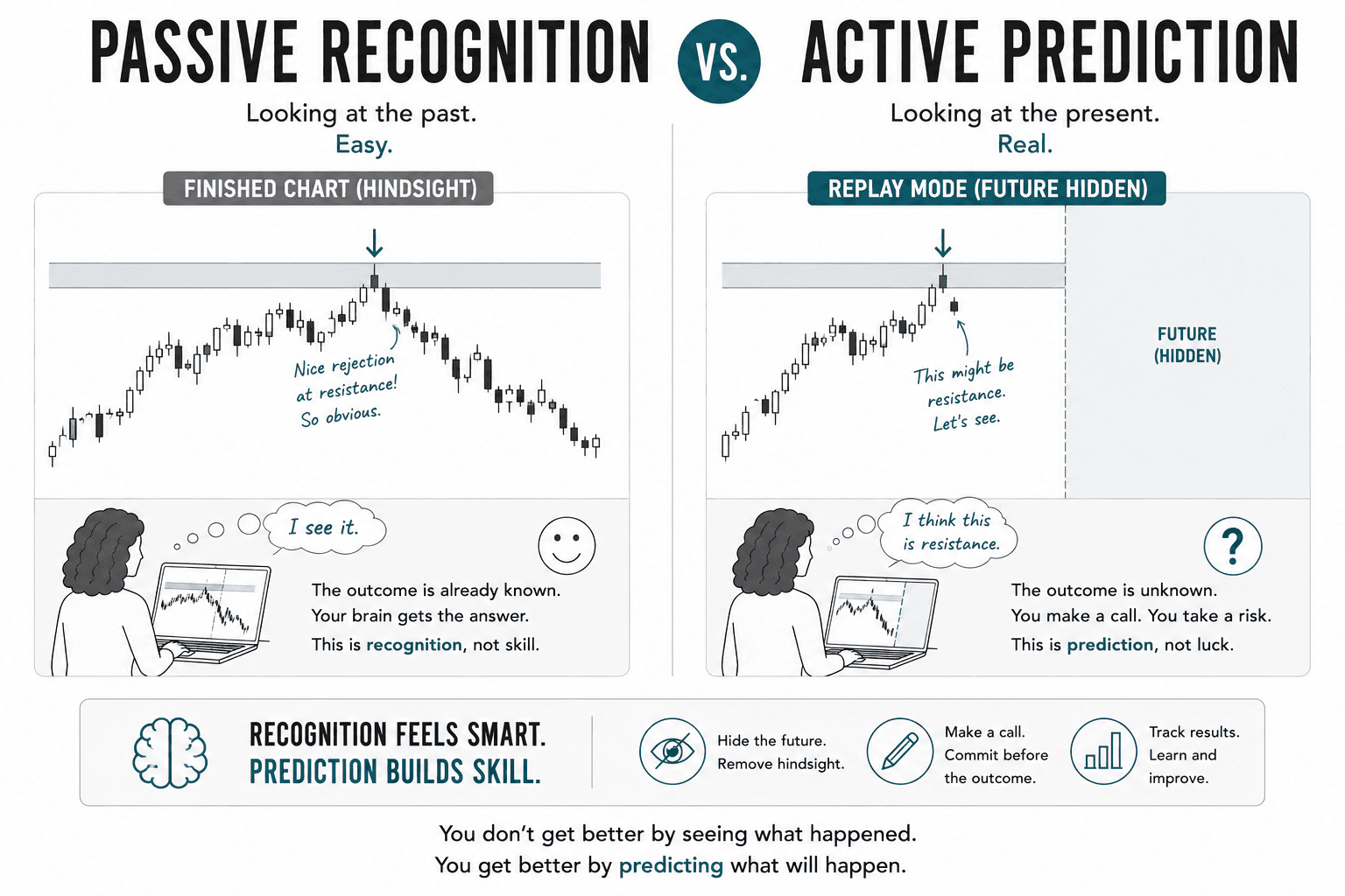 Split-screen educational infographic comparing passive recognition on a completed chart with active prediction in replay mode. The left side shows resistance after a completed rejection where the outcome is already known, while the right side hides the future and challenges the trader to predict whether price will react or break through the resistance level before the answer is revealed.