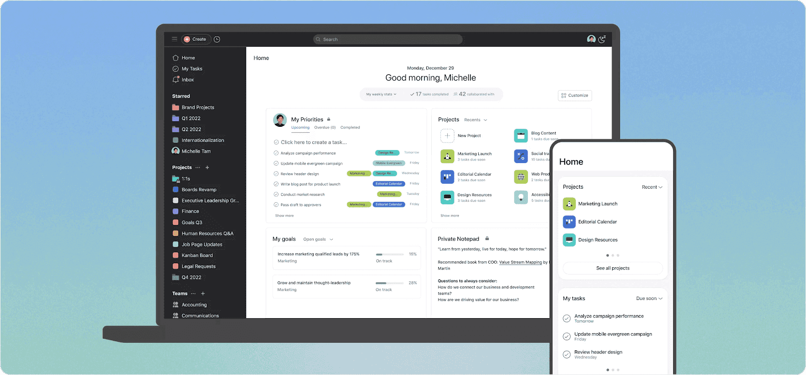 Asana's home interface on desktop and mobile apps