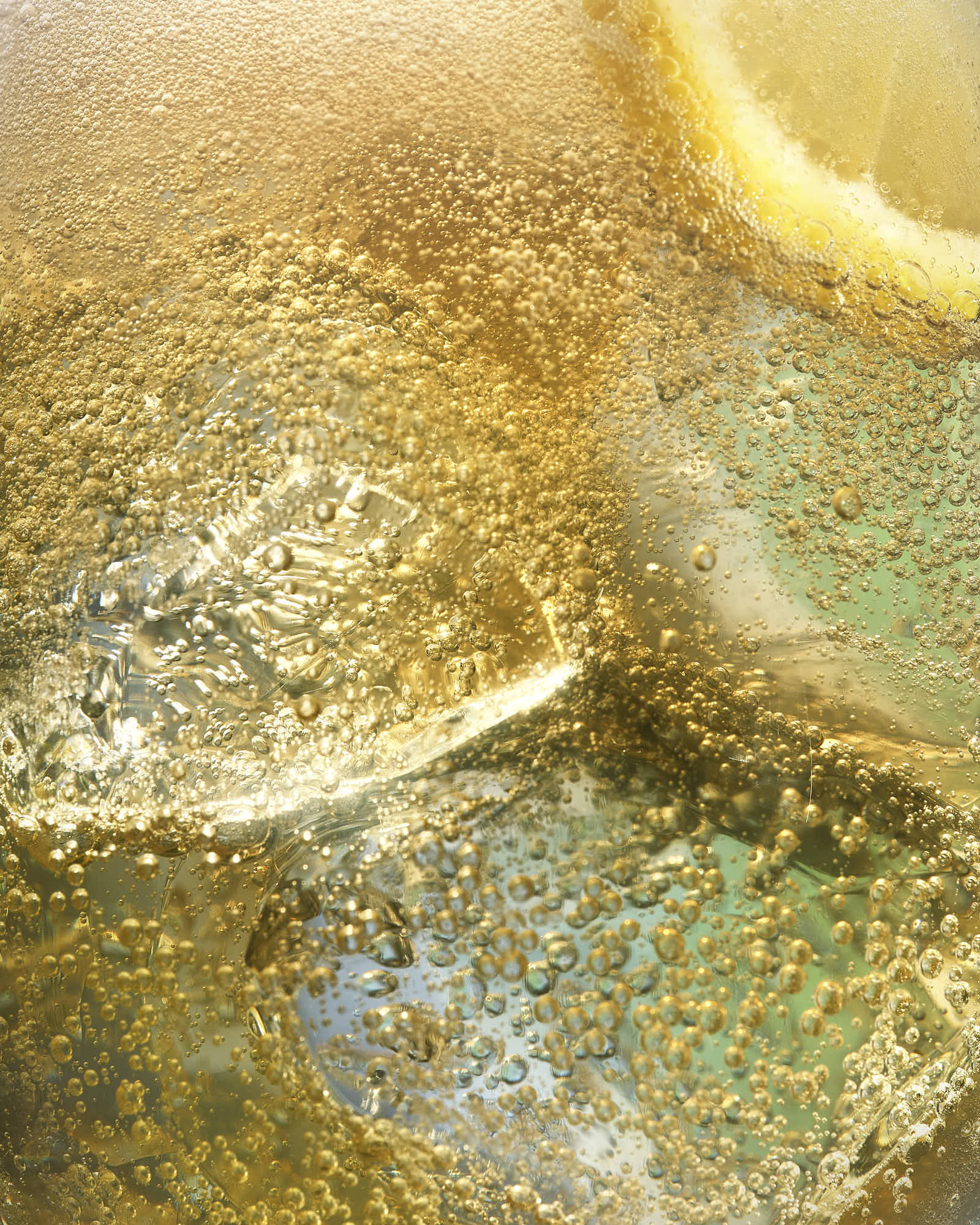 Close-up of ice cubes partially submerged in fizzy liquid, with soft sunlight creating a warm, golden glow.