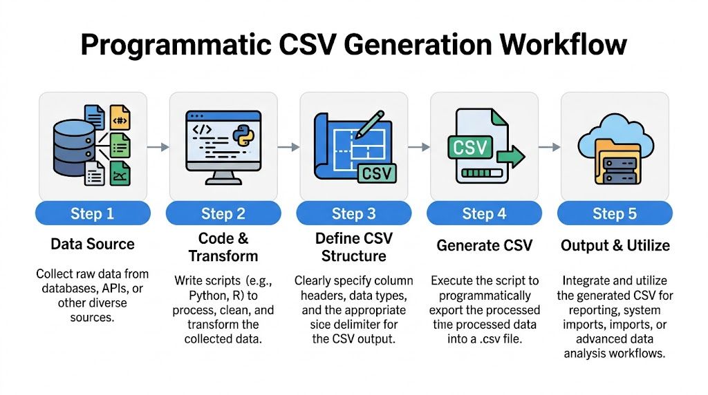 A flowchart diagram illustrating the five-step programmatic CSV generation workflow from data sourcing to final output.