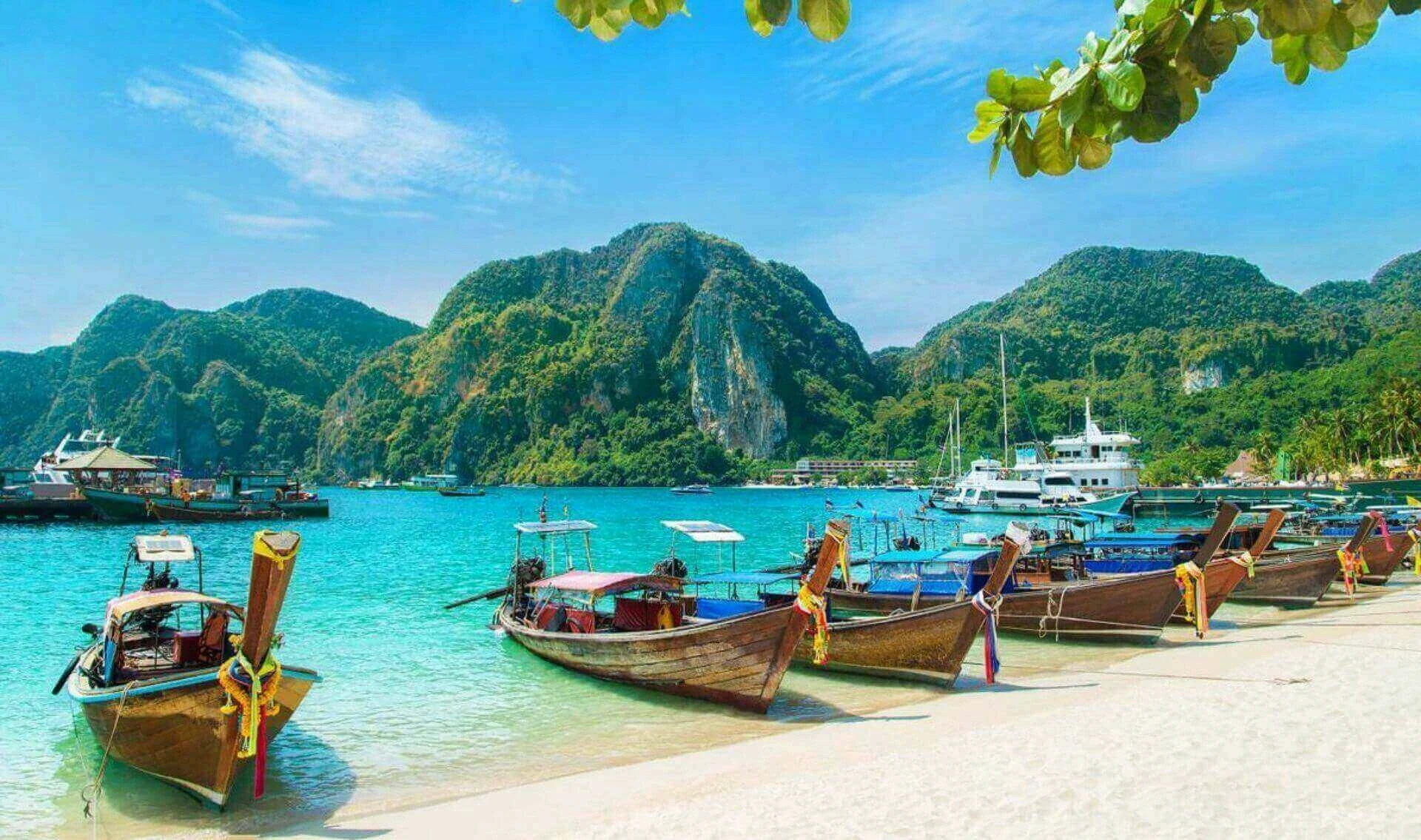 Longtail boats in lagoon