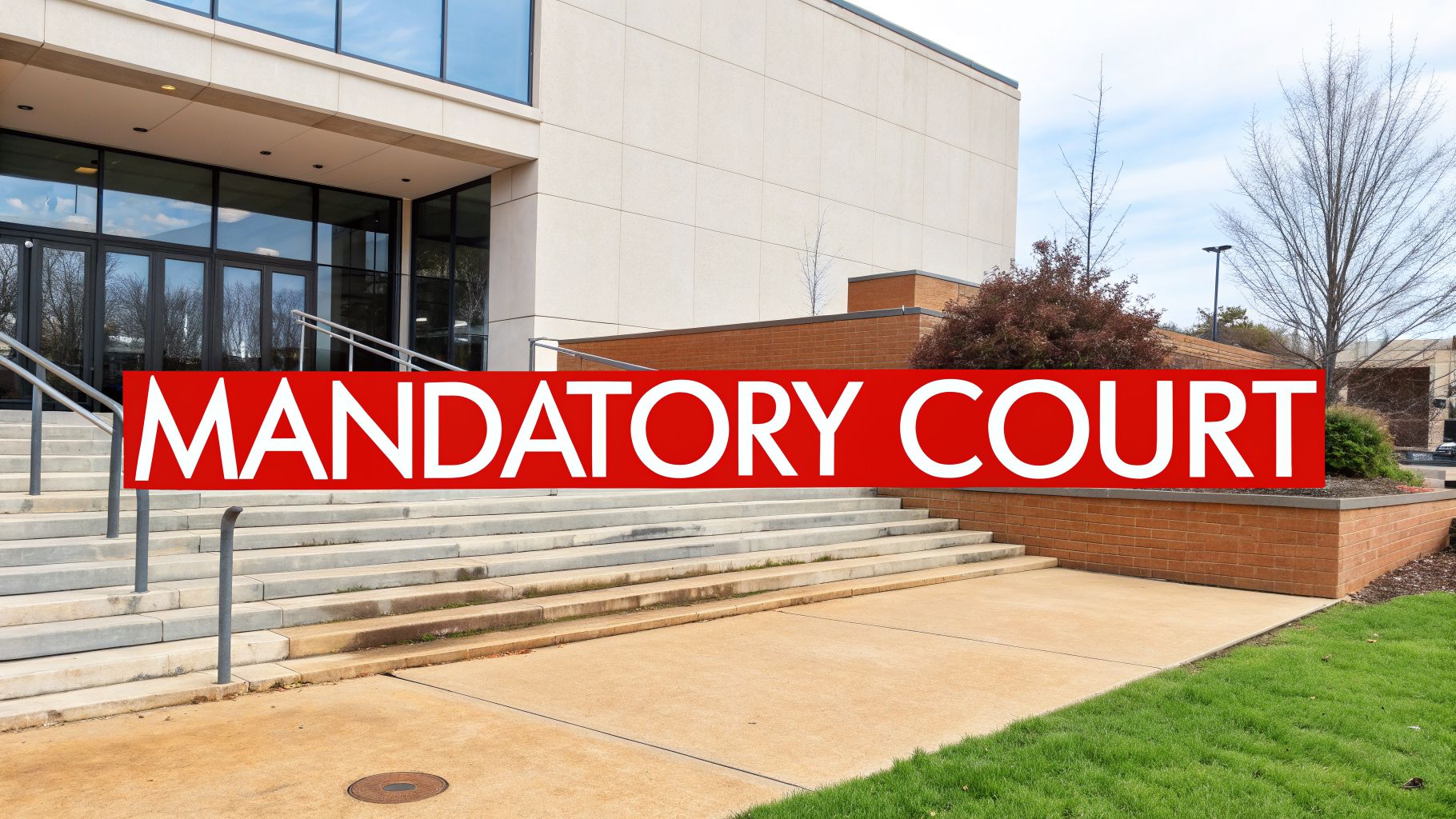 A government building entrance with stairs, featuring a prominent red banner stating 'MANDATORY COURT'.