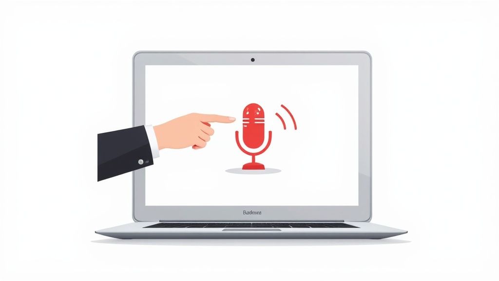 A hand points at a red microphone icon on a laptop screen, symbolizing voice dictation.