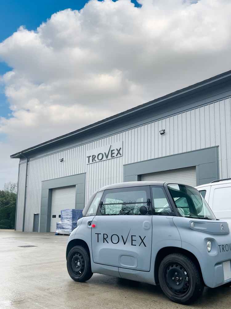 Electric Citroën Ami vehicle used for sustainable transport between Trovex warehouses