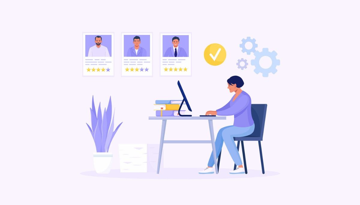 Illustration of a person sitting at a desk reviewing candidate profiles on a computer, surrounded by profile cards with photos and star ratings, gears, documents, and a checkmark—representing what tech employers actually look for when evaluating talent beyond the job description.