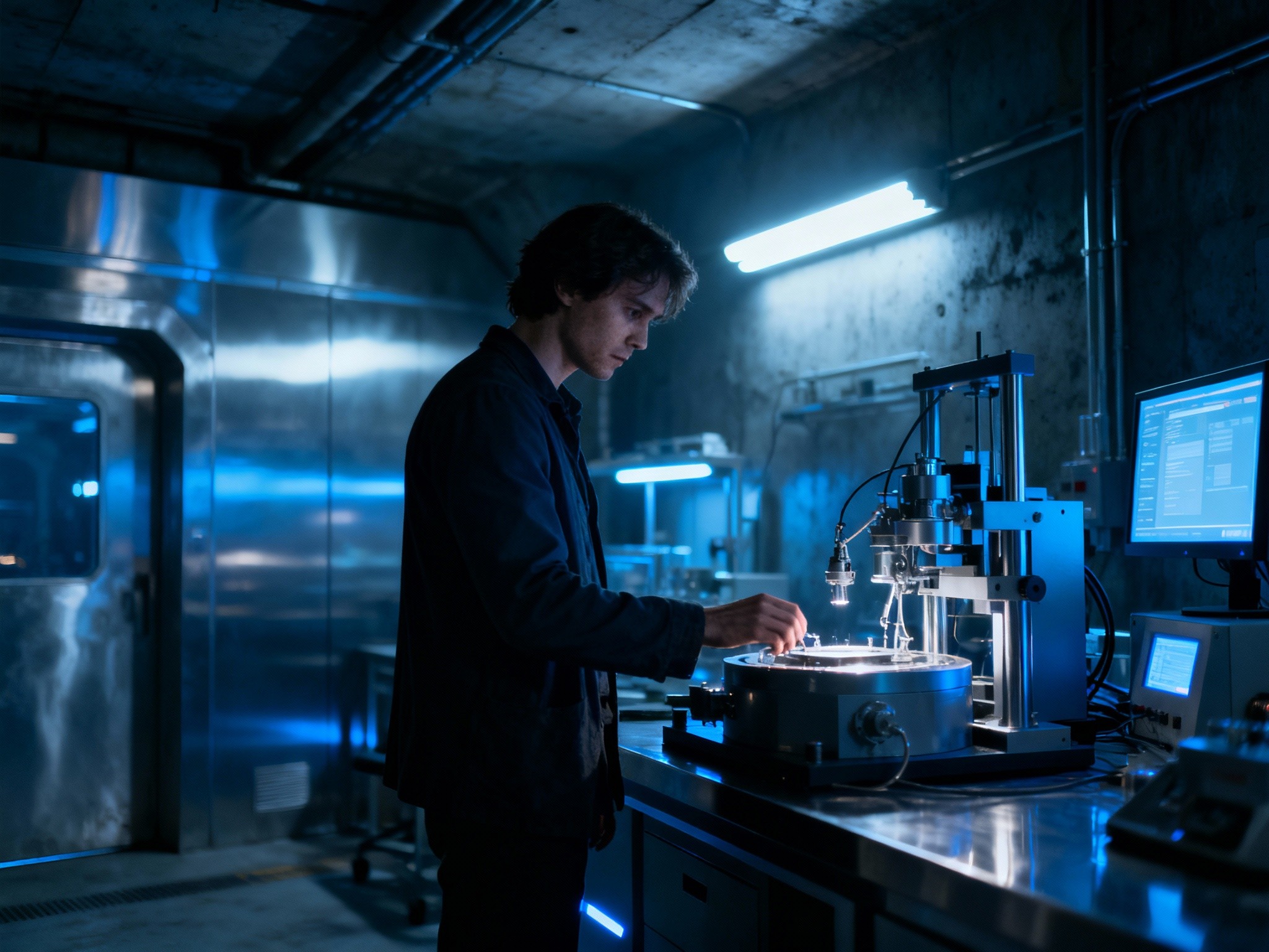 A cinematic shot inside a futuristic underground laboratory at night, focusing on a solitary