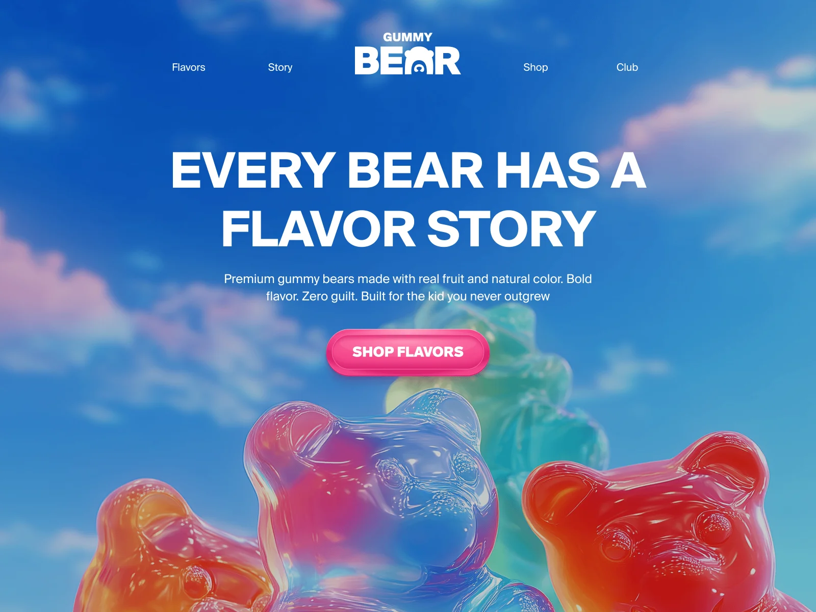 just hyper-realistic 3D product renders with the lighting standards of a luxury goods campaign. Full system: dimensional logo, 8-color flavor-mapped palette, photography direction, website, and environmental applications.