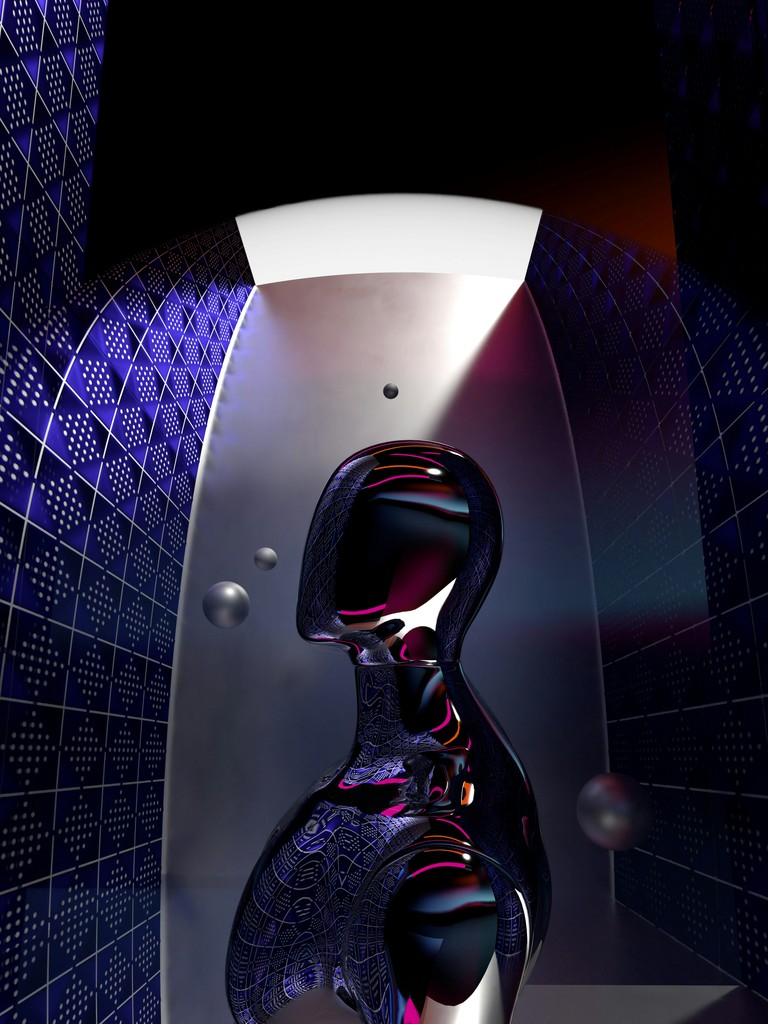 A sleek, reflective humanoid figure stands in a futuristic, tunnel-like environment adorned with geometric patterns and illuminated by a mix of purple, blue, and white lighting. Floating metallic spheres add to the sci-fi ambiance, creating an atmosphere that blends high-tech aesthetics with an abstract, otherworldly feel.