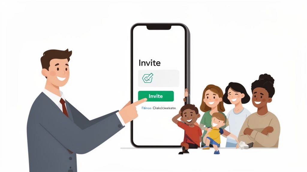 A man points at a phone app with 'Invite' button, surrounded by a smiling diverse group of people.